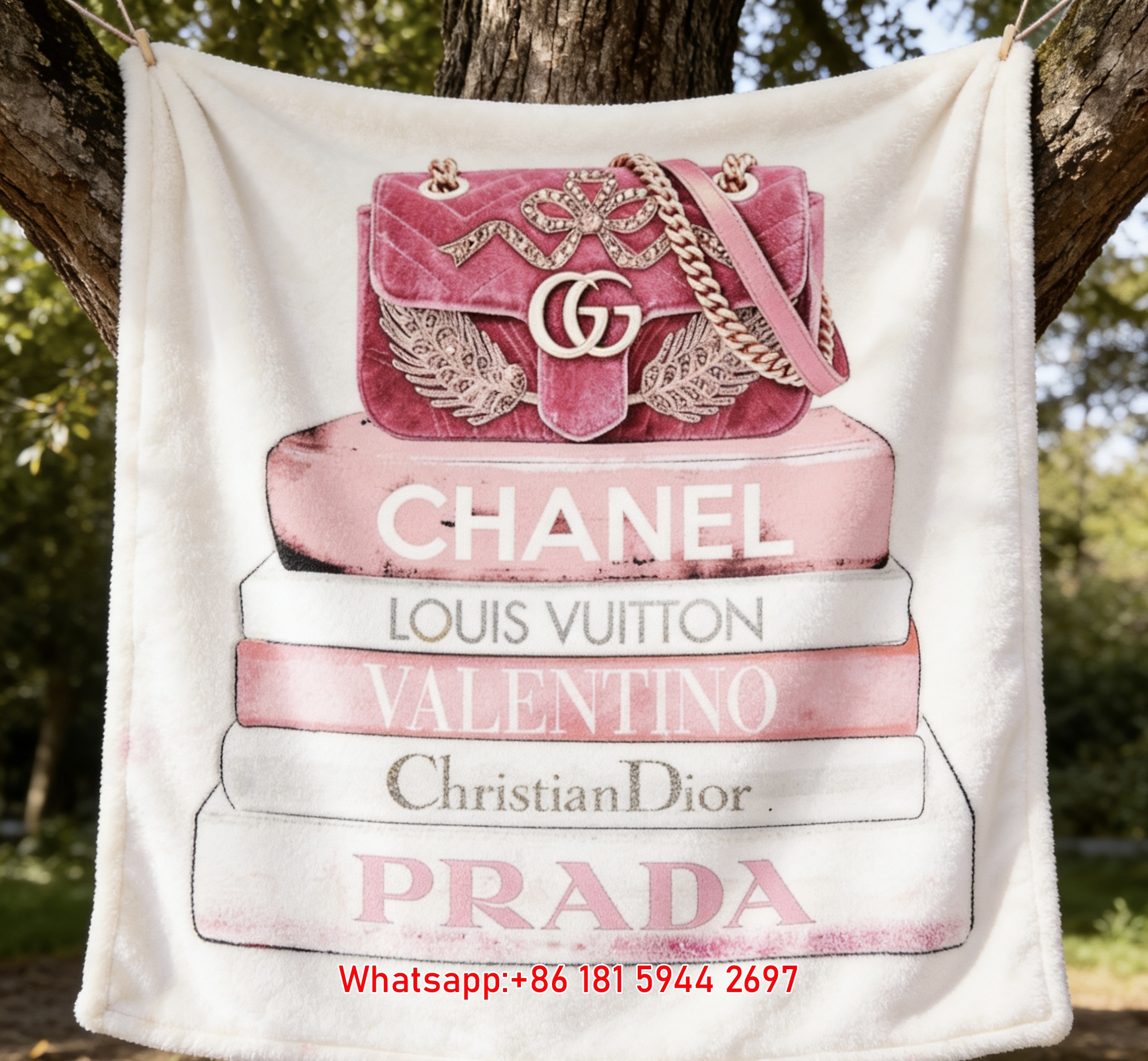 Chanel Pink Designer Book Stack & Gucci Bag Flannel Sofa Throw Blanket IMG_6711